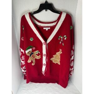 Celebrate Together Womens XXL Red Christmas Gingerbread Ugly Sweater Cardigan